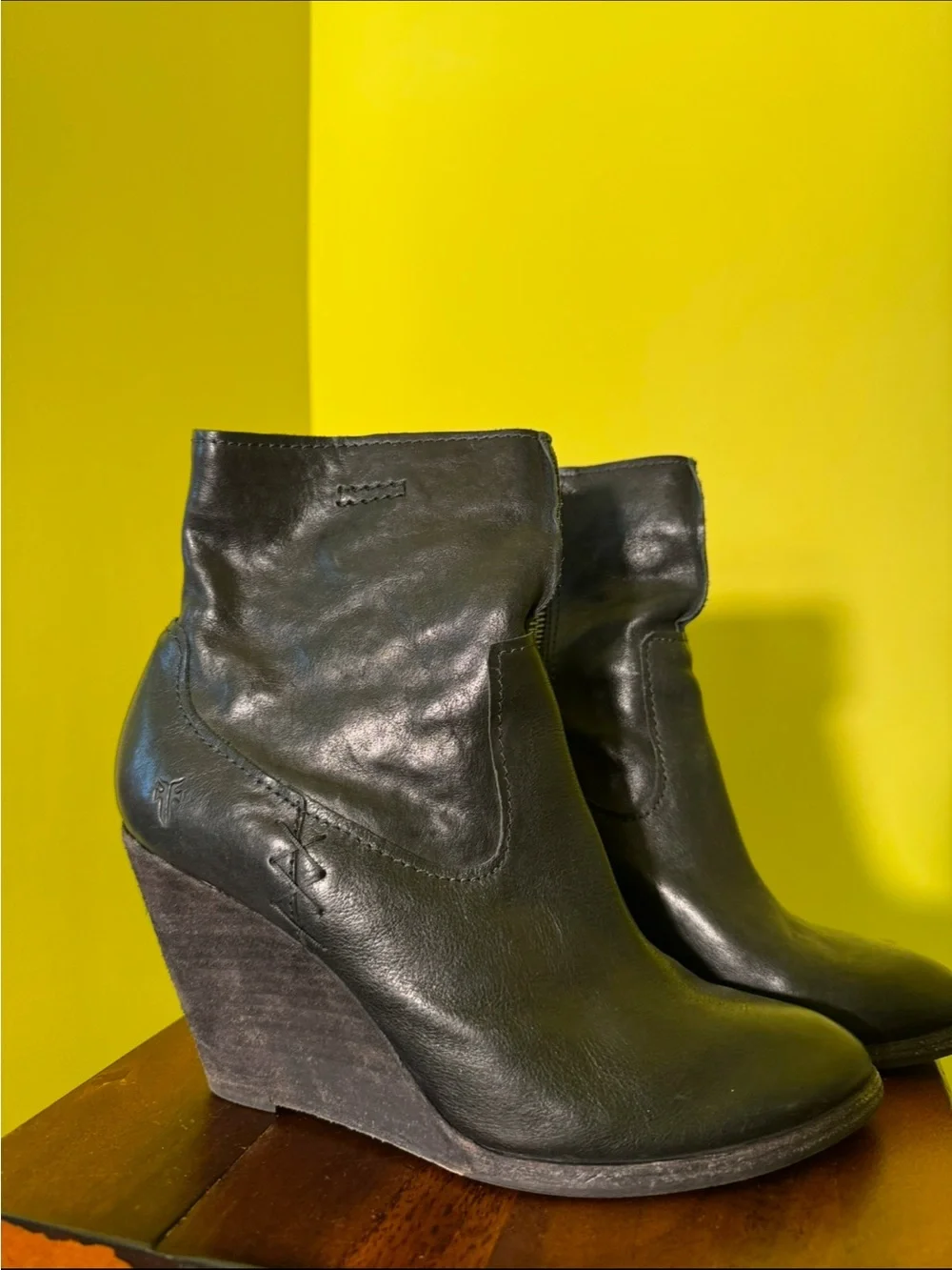 Frye Black Leather Wedge Ankle Boots